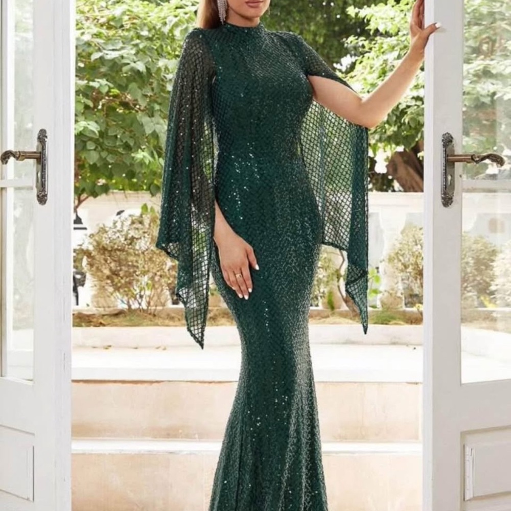 Emerald Sequin Dress with Cape